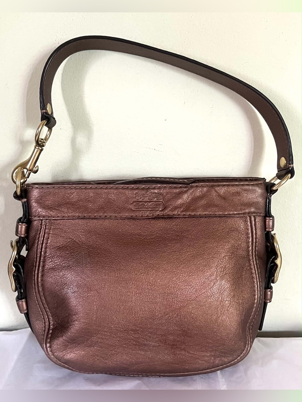 Coach Metallic Bronze Leather Shoulder Bag with Gold-Tone Hardware